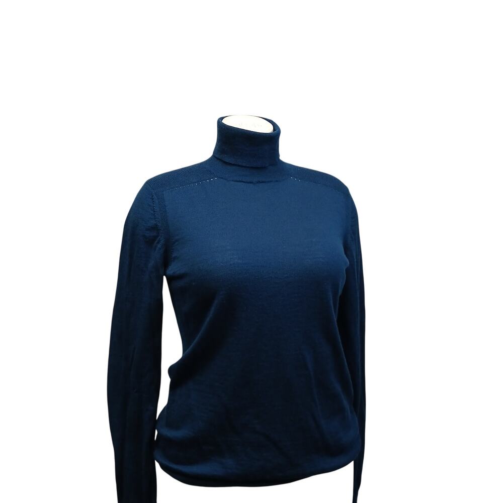 LK Bennett London Womens L Teal Blue Fine Knit Merino Wool Turtleneck